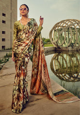 Digital Printed Satin Saree with Unstiched Blouse