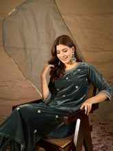 Teal Green Velvet Embroidered Kurta, Pant and Dupatta Set