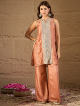Peach Embroidered Kurta Set with Organza Dupatta & Palazzo Pants for Women