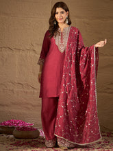 Elegant Wine Red Embroidered Kurta Set with Dupatta for Women | Festive & Wedding Ethnic Wear