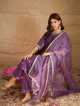 Purple Velvet Embroidered Kurta, Pant and Dupatta Set