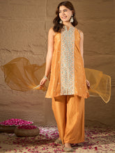 Mustard Yellow Embroidered Kurta Set with Organza Dupatta & Palazzo Pants for Women