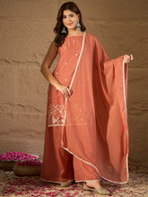 Elegant Peach Embroidered Kurta Palazzo Set with Dupatta for Women