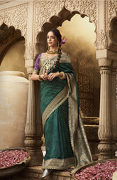 Bottle Green Jacquard Banarasi Silk Saree with Unstitch Blouse