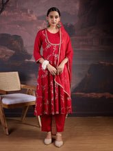 Rayon Embroidered Flared Kurta, Pant, and Chiffon Dupatta Set