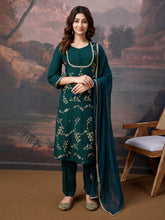 Rayon Embroidered Flared Kurta, Pant, and Chiffon Dupatta Set
