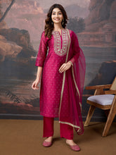 Pink Chanderi Cotton Silk Embroidered Kurta, with Pant & Net Dupatta