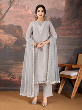 Grey Chanderi Cotton Silk Kurta Set with neck embroidery