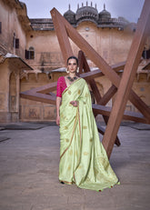 Pista Green Pure Satin Saree with Zari Weaving Border and Unstitched Blouse Piece