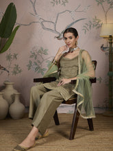 Olive Green Silk Kurta, Pant and Net Dupatta