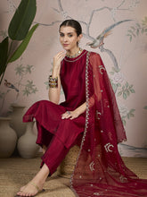 Deep Maroon Silk Blend Kurta, Pant and Organaza Dupatta Set
