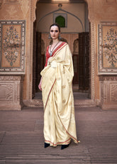 Butter Yellow Pure Satin Saree with Zari Weaving Border and Unstitched Blouse Piece