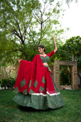 Maroon & Green Cotton Printed Navratri Lehenga Choli