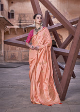 Pure Satin Orange Saree with Zari Weaving Border and Unstitched Blouse Piece