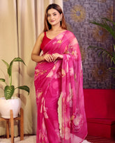 Rani Pink Tebby Organza Floral Printed Handwork Saree