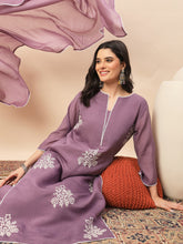 Dusty Mauve Silk Blend Embroidered Kurta Set with Dupatta for Women | Elegant Festive & Ethnic Wear