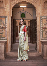 Golden Grey Pure Satin Saree with Zari Weaving Border and Unstitched Blouse Piece