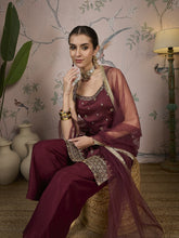 Wine Silk Kurta, Pant and Net Dupatta