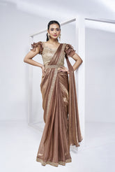 Pre-draped Two Tone Brown Satin Silk Saree with Blouse