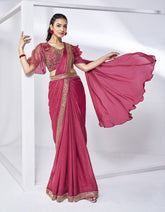 Pre-draped Two Tone Carrot Pink Satin Silk Saree with Blouse