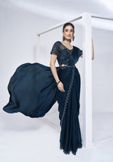 Pre-draped Two Tone Blue Satin Silk Saree with Blouse