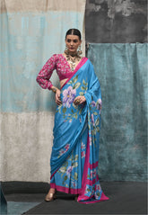 Digital Printed Satin Saree with Unstiched Blouse