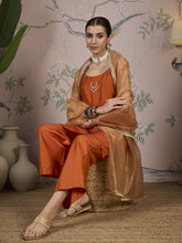 Rust Orange Silk Blend Kurta, Pant and Net Dupatta set
