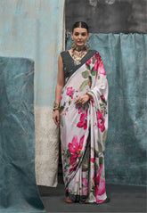 Digital Printed Satin Saree with Unstiched Blouse