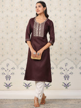 Dark Wine Embroidered Neck Kurta
