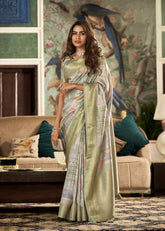 Green printed Multicolour Silk Saree with Unstitched Blouse Piece