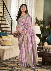 Baby Pink printed Silk Saree with Unstitched Blouse Piece