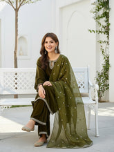 Olive Green Velvet Kurta, Pant and Dupatta Set
