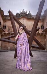 Mauve Pure Satin Saree with Zari Weaving Border and Unstitched Blouse Piece