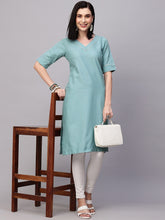 Turquoise Blue Solid Cotton Blend Kurta