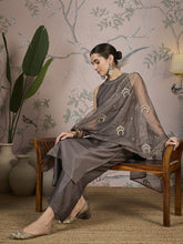Taupe Bronze Silk Blend Kurta, Pant and Organaza Dupatta Set