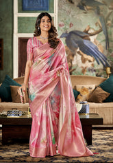 Pink with multicolour Silk Saree with Unstitched Blouse Piece