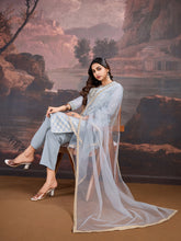 Grey Jacquard Chanderi Cotton Silk Kurta, Pant and Dupatta Set