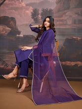 Purple Chanderi Cotton Silk Kurta, Pant and Organza Dupatta Set