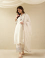 Off-White Embroidered Kurta Pant Set with Dupatta