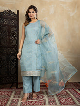 Pastel Sky Blue Embroidered Kurta Set with Organza Dupatta | Elegant Ethnic Outfit for Women