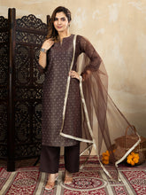 Chanderi Cotton Silk Brown Straight Kurta Set with Net Dupatta & Golden Detailing
