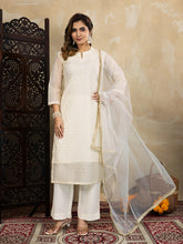 Chanderi Cotton Silk Off-White Straight Kurta Set with Net Dupatta & Golden Zari Weaving