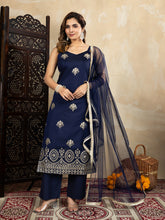 Silk Blend Navy Blue Embroidered Straight Kurta Set with Net Dupatta
