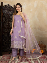 Silk Blend Purple Embroidered Straight Kurta Set with Net Dupatta