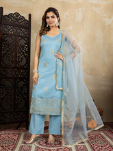Silk Blend Sky Blue Embroidered Straight Kurta Set with Net Dupatta