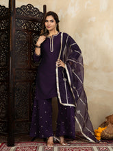 Silk Blend Wine Straight Kurta Set with Palazzo and Organza Dupatta
