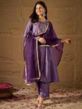 Royal Purple Silk Blend Kurta Set with Embroidered Yoke & Organza Dupatta