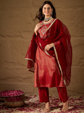 Radiant Red Silk Blend Kurta Set with Embroidered Yoke & Net Dupatta
