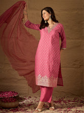Rose Pink Embroidered Kurta Set with Sheer Dupatta