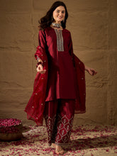 Maroon Embroidered Kurta Set with Palazzo and Organza Dupatta
